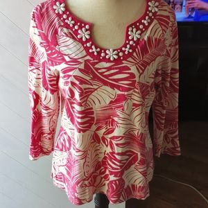 Ruby Rd Women's Top. Size L. Hot Pink & White with White Beads around front neck